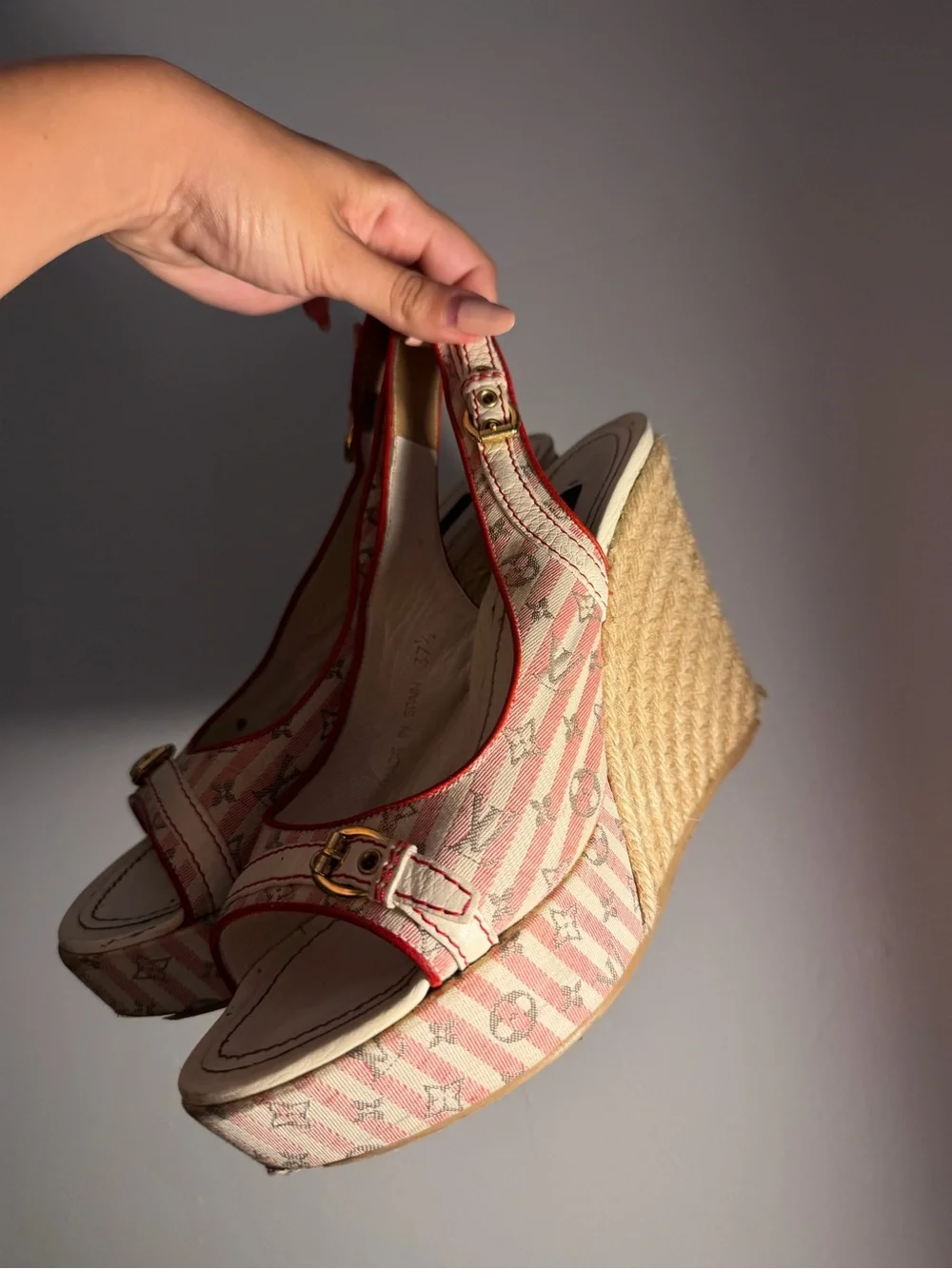 Louis Vuitton Pink Stripe Monogram Espadrille Wedges